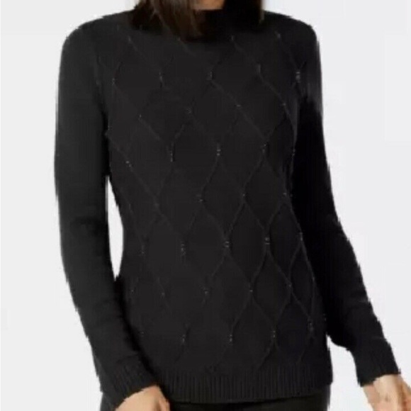 NEW Karen Scott deep black beaded cable knit mock neck sweater Size XS - Picture 1 of 4